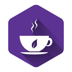 White Cup of tea and leaf icon isolated with long shadow. Purple hexagon button. Vector Illustration