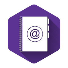 White Address book icon isolated with long shadow. Notebook, address, contact, directory, phone, telephone book icon. Purple hexagon button. Vector Illustration