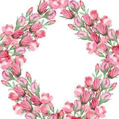 Watercolor hand painted nature floral romantic holiday celebration rhomb squared frame with pink flower roses and green branches on the white background for saint valentine's day invitations and cards