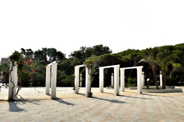 columns at the entrance of the Reina Sofia Dunes Park of Guardamar del Segura beach, Alicante. Spain. Europe. September 21, 2019