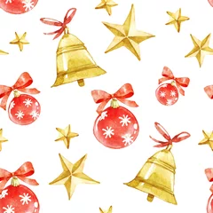 Foto auf Acrylglas Weihnachtsglocken und -bögen. Aquarell Weihnachten nahtlose Muster. Neujahrsverzierung mit Glocke, Stechpalme und Bogen für Design, Druck oder Hintergrund. © Tatiana 
