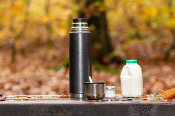Tea Flask and Milk in Autumn Backdrop