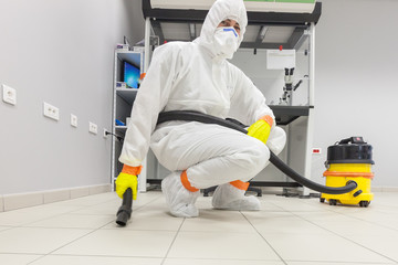 Decontamination of a room after an incident. Practical exercises during a training session on asbestos risk prevention, sample preparation room of an environmental laboratory specialized in asbestos