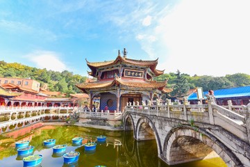 Stone Bridge and Chinese Pavilion at Yuantong Temple in Kunming