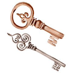 Isolated old key illustration element. Watercolor background illustration set. Isolated keys illustration element.