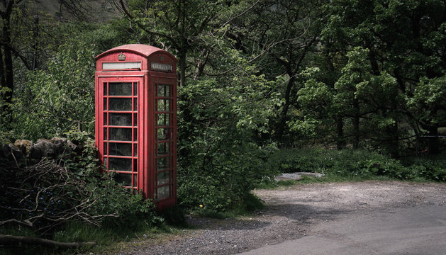 Old and abandoned telephone booth in the dark forest. Dark theme for Halloween holiday.