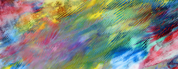 Abstract acrylic and watercolor smear painting. Canvas texture background. Horizontal long banner..