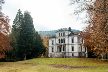 Fototapeta na wymiar A panoramic view of a typical huge film mansion and its garden, autumnal aesthetic. The location is the Black Forest region, in Germany.