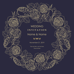 Wedding  Invitation with baroque pattern. Beautiful Victorian ornament. Provence drawing. Frame with floral elements.  Elements of rose and leaves. Vector illustration.