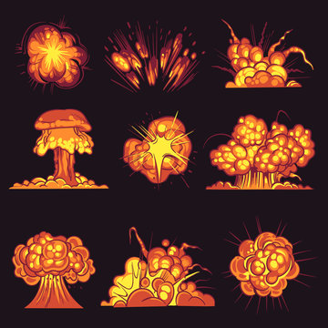 Cartoon explosions. Bomb explosion, fire bang with smoke effect. Explode dynamite, flash destruction, danger objects comic game vector set