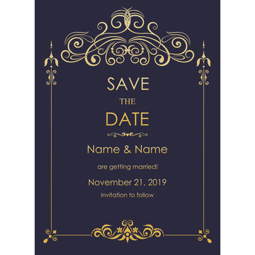 Wedding Invitation, save the date card baroque style. Vintage  Pattern. Retro Victorian ornament. Frame with flowers elements. Vector illustration.