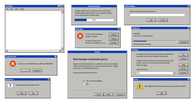 Old user interface. Browser window, error message popup dialog box with  system information, vintage computer operation system vector set Stock  Vector | Adobe Stock