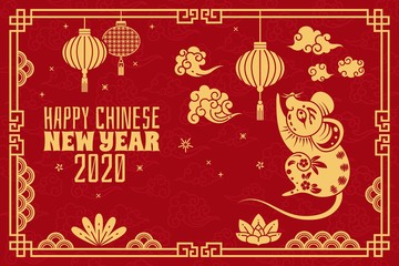 Chinese new year. 2020 red concept with golden rat, traditional orient patterns. Zodiacal mouse calendar symbol vector background