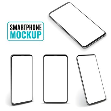 Smartphone Mockup. Modern Frameless Smartphones, Generic Cell Phone Device Side And Top, Isometric View Design. 3d Isolated Vector Mockup