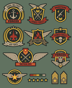 Military army badges. Patches, soldier chevrons with ribbon and star. Vintage airborne labels, t-shirt graphics, military style vector set