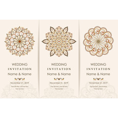 Wedding invitation cards Eastern style. Arabic  Pattern. Mandala ornament. Frame with flowers elements. Vector illustration.