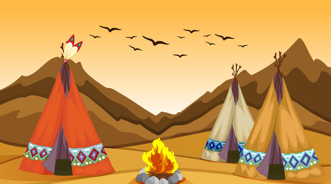 Scene with teepee and campfire
