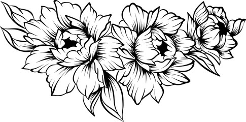 Floral line art border on a white background, coloring page