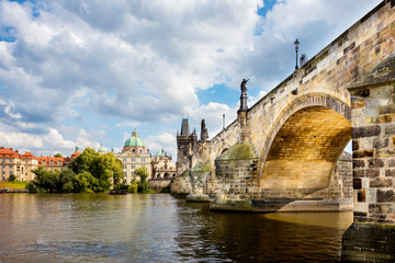 Prague, Charles Bridge (Karluv Most) in the morning, the most beautiful bridge in Czechia. Czech Republic