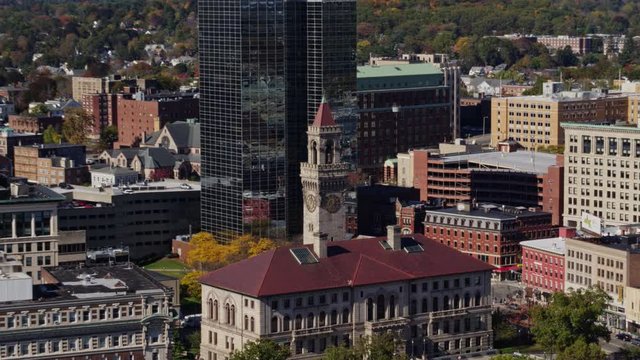 Worcester Massachusetts Aerial v13 Birdseye detail of City Hall to wide downtown cityscape - October 2017