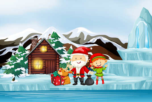 Scene with santa and elf in winter