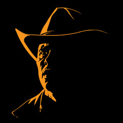 Man with cowboy hat silhouette in contrast backlight. Vector. Illustration.