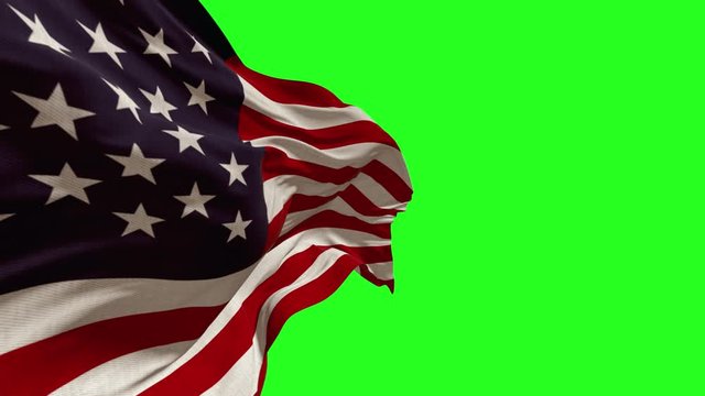 American flag on a green background, fabric texture develops in the wind. chromakey