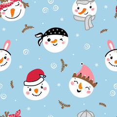 Naklejka premium Seamless Pattern with Cute Snowman Faces. Vector Winter Holiday Background with Cartoon Funny Doodle Snowman Heads. Christmas and New Year Design