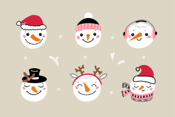 Vector Set of Cute Snowman Faces. Cartoon Funny Doodle Snowman Heads Collection. Winter Holidays, Christmas and New Year Design