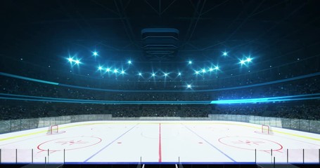 Lighting the ice hockey rink before the game in the stadium full of fans, 4k advertisement background animation