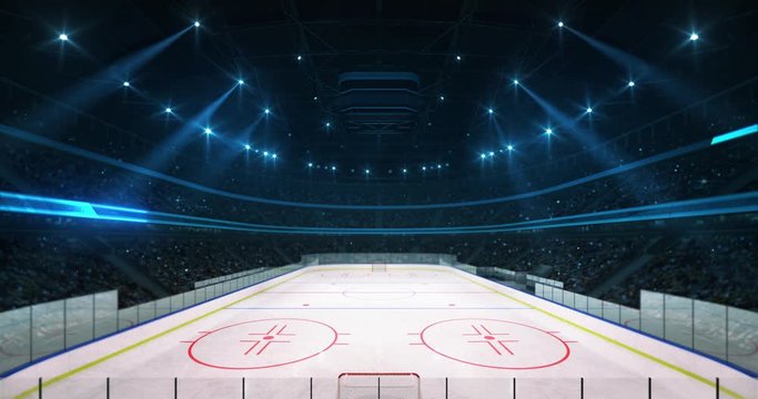 Illuminated the ice hockey rink before the game in the stadium full of fans, 4k seamless loop animation