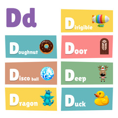 Vector letter D and words, pictures with D