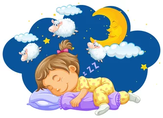 Fototapete Wolken Mädchen schläft mit Schafzählen in ihrem Traum