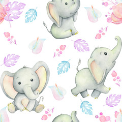 Niedliche Elefantenbabys, Aquarellillustration, umgeben von tropischen Pflanzen und Blumen, auf weißem Hintergrund, nahtloses Muster. Für Kinderkarten und Einladungen.