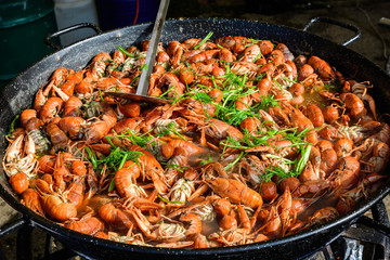 European crayfishes Astacus astacus (noble or broad-fingered crayfish, is the most common species of crayfish in Europe) being boiled with spices and green dill at a street food festival