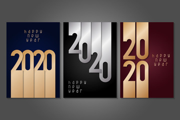 Set of Happy New Year 2020 posters with gold and silver numbers. Winter holidays greeting or invitation. Vector illustrations on dark backgrounds.