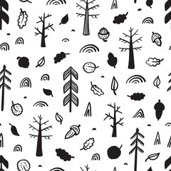 Autumn Forest Vector Seamless pattern. Childish Background with Hand Drawn doodle Trees. Woodland background. Design for kids 