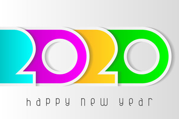 Happy New Year 2020 poster with numbers cut out of colored paper. Winter holidays greeting or invitation. Vector illustration on white background.