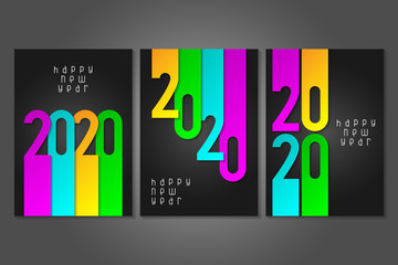 Set of Happy New Year 2020 posters with numbers cut out of colored paper. Winter holidays greeting or invitation. Vector illustration on black background.