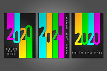 Set of Happy New Year 2020 posters with numbers cut out of colored paper. Winter holidays greeting or invitation. Vector illustration on black background.
