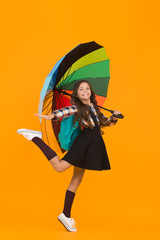 Happy to be around. bright autumn style. stay positive any season. happy child protected rain. rainbow colors. color up life. school time. enjoy good weather. under my umbrella. small girl umbrella
