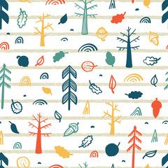 Autumn Forest Vector Seamless pattern. Childish Background with Hand Drawn doodle Trees. Woodland background. Design for kids 