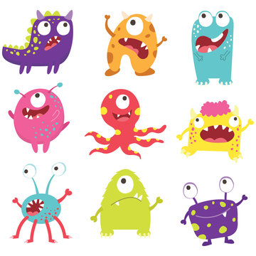 Set of cute litter monsters with different emotions - happy, smiling, surprised, angry,  anxious and foolish.