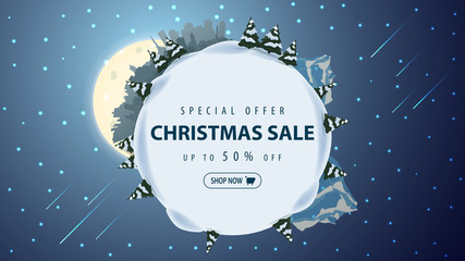 Fototapeta na wymiar Special offer, Christmas sale, up to 50% off, beautiful discount banner with silhouette of the planet, pines, drifts, mountain, city, full moon and starry sky.