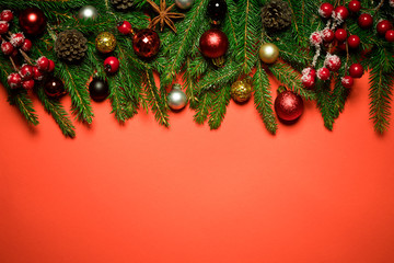Red Christmas or New Year decoration background with border