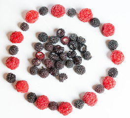 Red and black raspberries laid out in a circle on a white background.