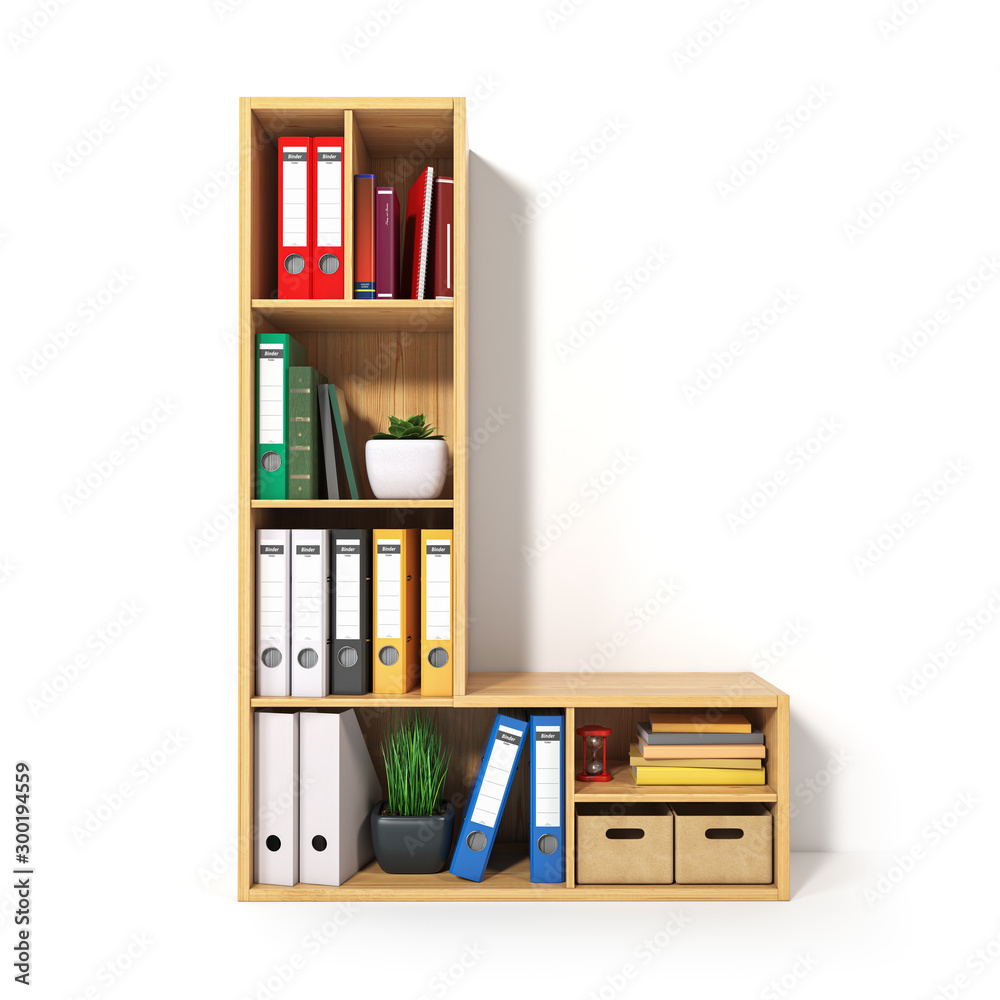 Poster letter l. alphabet in the form of shelves with file folder, binders and books isolated on white. arc