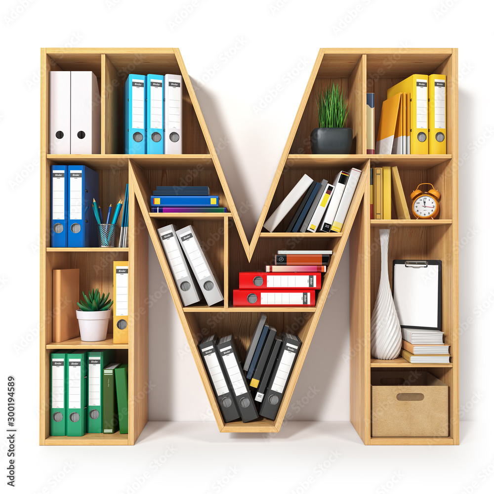 Poster letter m. alphabet in the form of shelves with file folder, binders and books isolated on white. arc