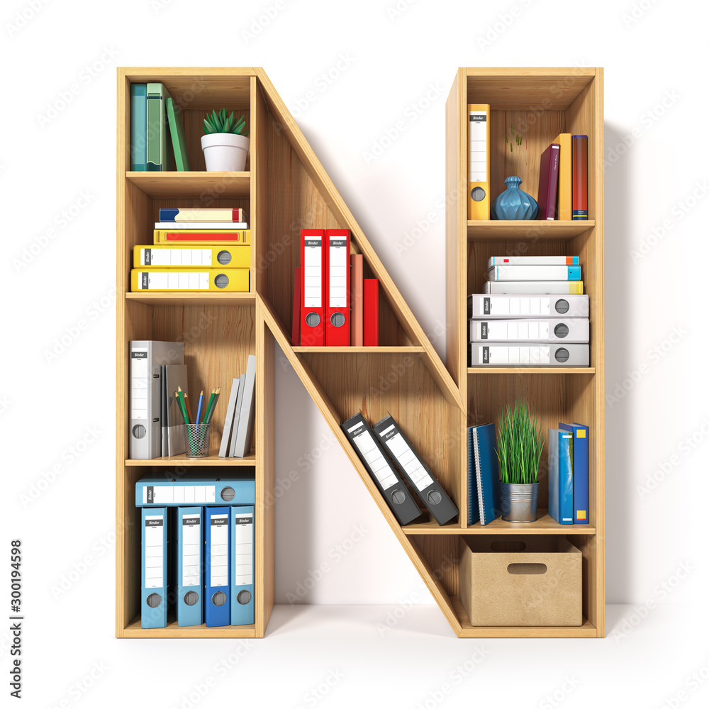 Poster letter n. alphabet in the form of shelves with file folder, binders and books isolated on white. arc
