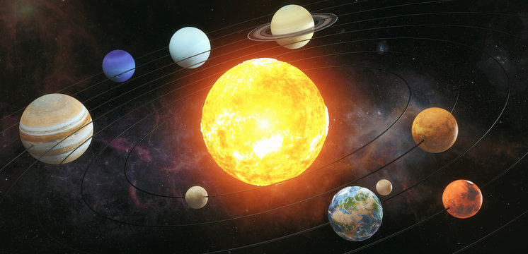 Solar system scheme. The sun with orbits of planets on the Universe star background. Elements of this image furnished by NASA © Maksym Yemelyanov